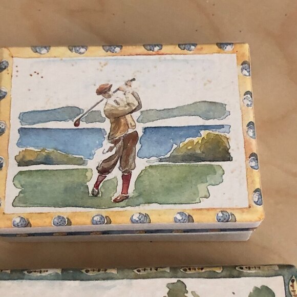 Vintage 1990 Catriona Stewart Golf Fishing Watercolor Painted Boxes - England - Picture 3 of 9